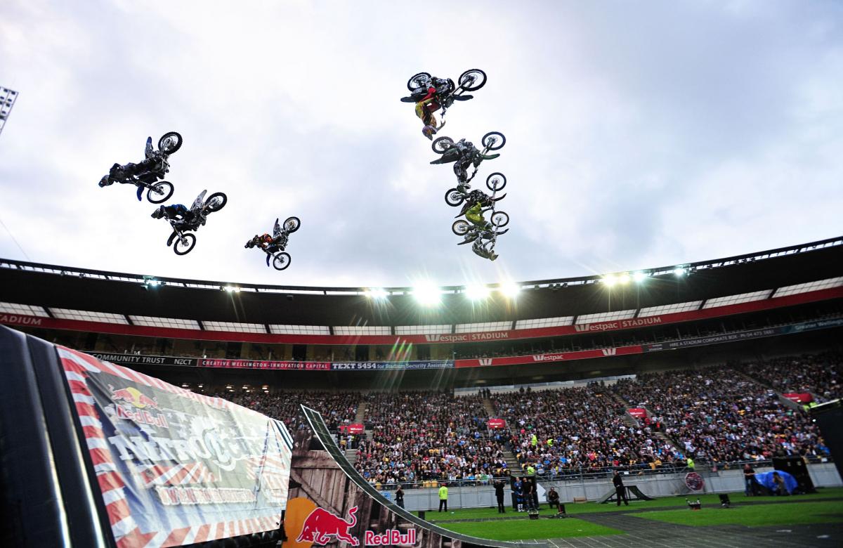 FMX rider all-in backsflips 2011 Nitro Circus Live Tour Wellington New Zealand Westpac Stadium Wednesday Feb 9th 2011© Sport the library / Jeff Crow