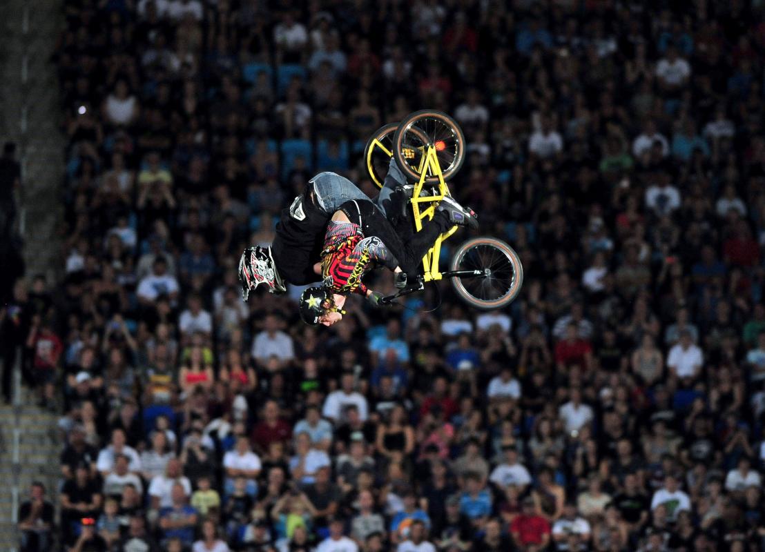 Jim Dechamp/Cam McCaul Tandem backflip 2011 Nitro Circus Live Tour Skilled Stadium Gold Coast QLD Australia Saturday 2 April 2011© Sport the library / Jeff Crow