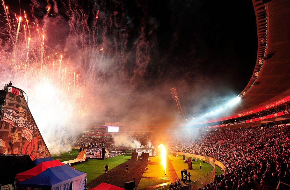 A large crowd on hand to watch the show & final fireworks2011 Nitro Circus Live Tour Wellington New Zealand Westpac StadiumWednesday Feb 9th 2011© Sport the library / Jeff Crow