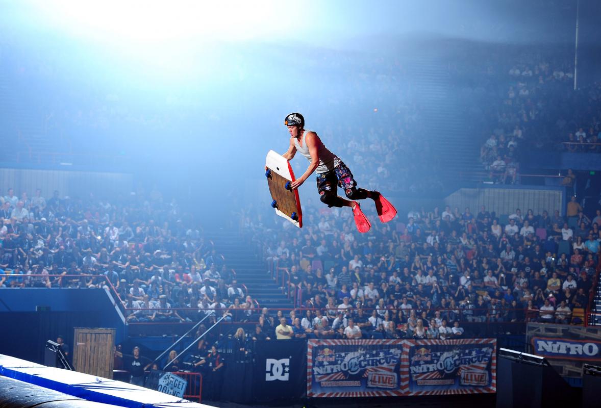 Dusty Wygle (USA) flying boogie boarder2010 Nitro Circus Live Tour Brisbane Entertainment Centre May 8th 2010© Sport the library/Jeff Crow