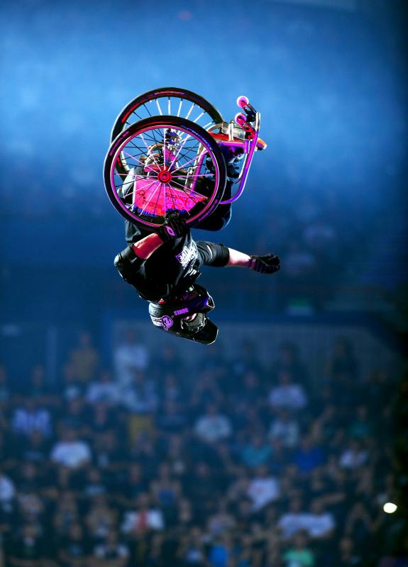 double backflippin' wheelchair athlete, Aaron 'wheelz' Fotheringham (USA)2010 Nitro Circus Live Tour Brisbane Entertainment Centre May 8th 2010© Sport the library/Jeff Crow
