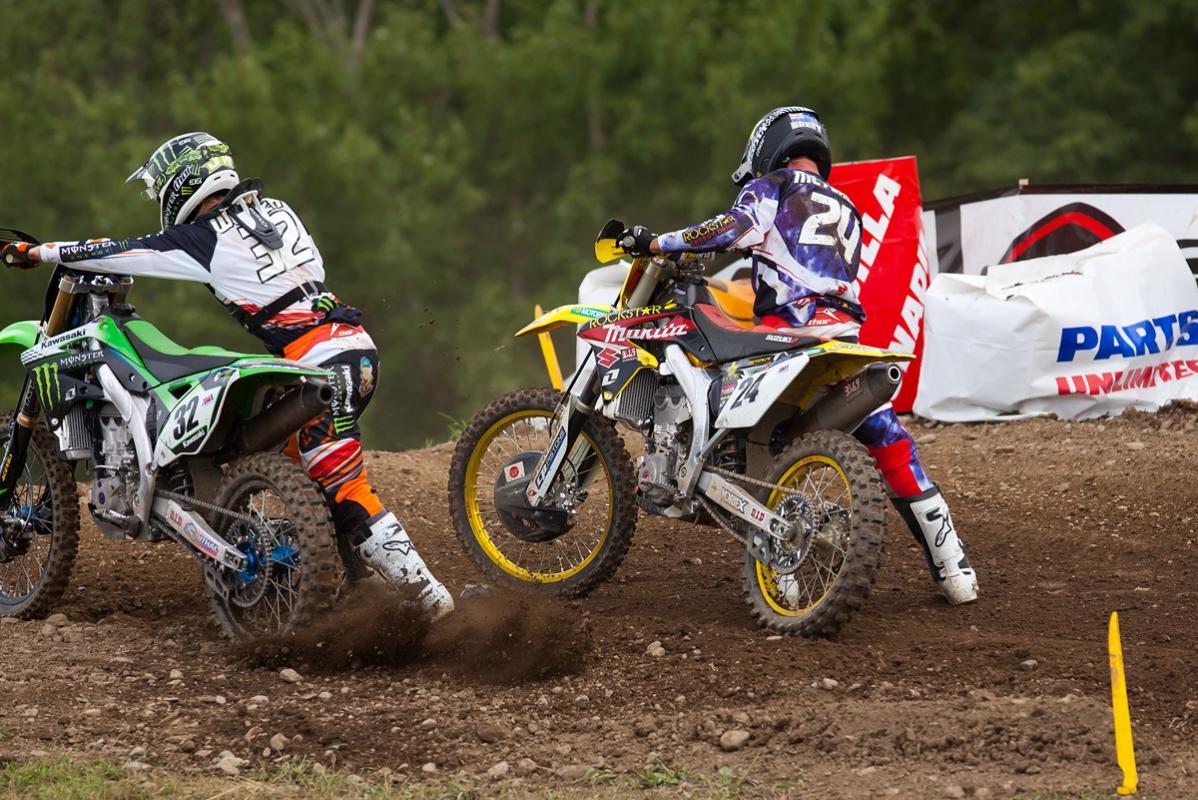Jake Weimer and Brett Metcalfe tangle in the second 450 moto.