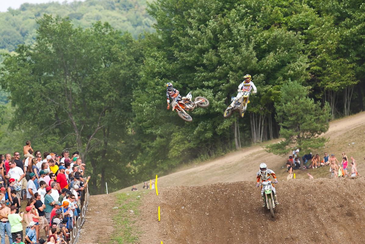 Marvin Musquin and Ryan Morais whip over the sky jump.