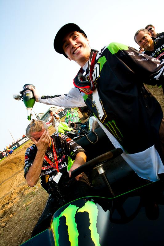 Dean gives Mitch a champ shower.