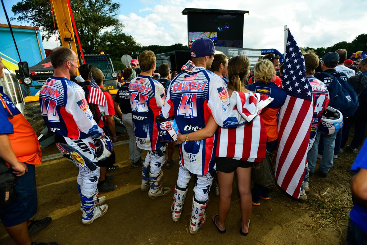 Caselli and his fiancé Sarah White wait for this year's ISDE awards ceremony to begin with the rest of the US Trophy Team where the US finished second to France.