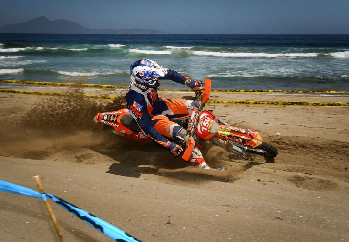 Kurt Caselli rails an ocean side berm at a special test during the 2007 ISDE in Chile. Caselli won the E3 class that year.