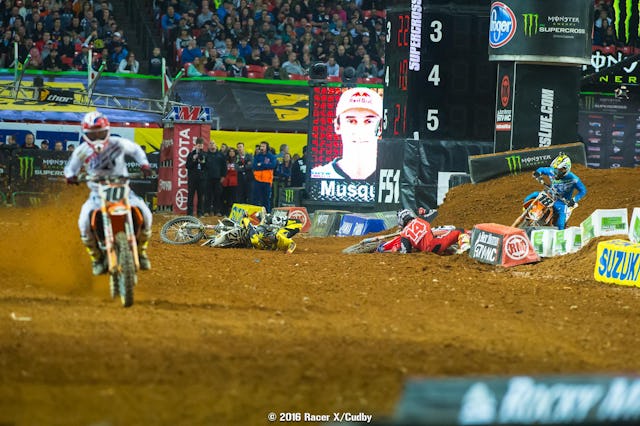 If the battle for the win hadn't been so tense and exciting, everyone would have been talking about all the drama between Cole Seely and Jason Anderson. This photo is from early in the race, but Anderson took Seely down on the final lap.