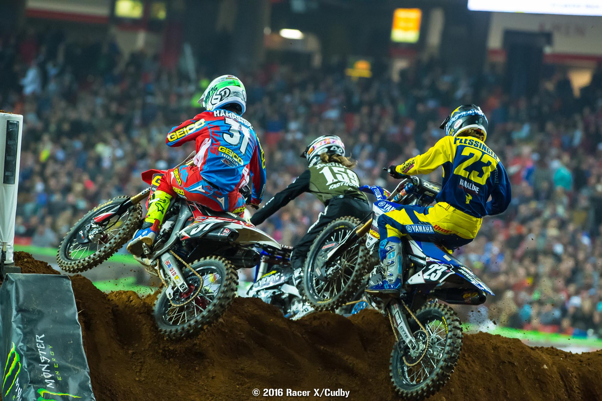Furious battles took place all over the track in opener, but Plessinger (23) got the better of Hampshire and Durham.