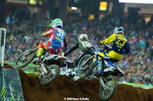 Furious battles took place all over the track in opener, but Plessinger (23) got the better of Hampshire and Durham.