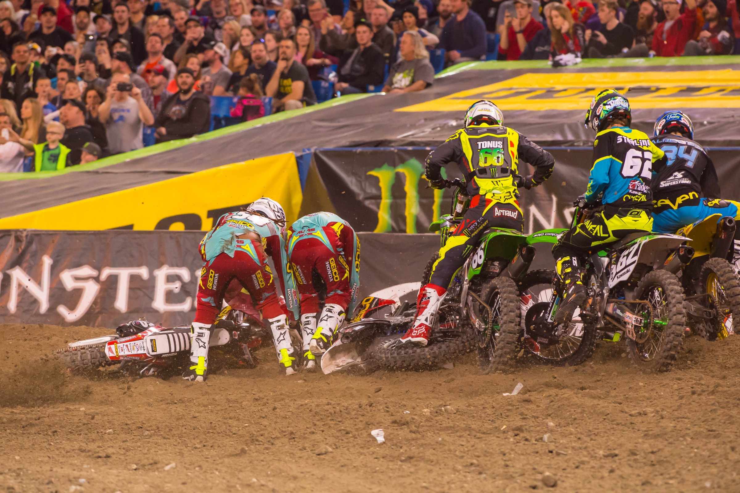 A host of riders were caught in the first turn behind Stewart and Hampshire.