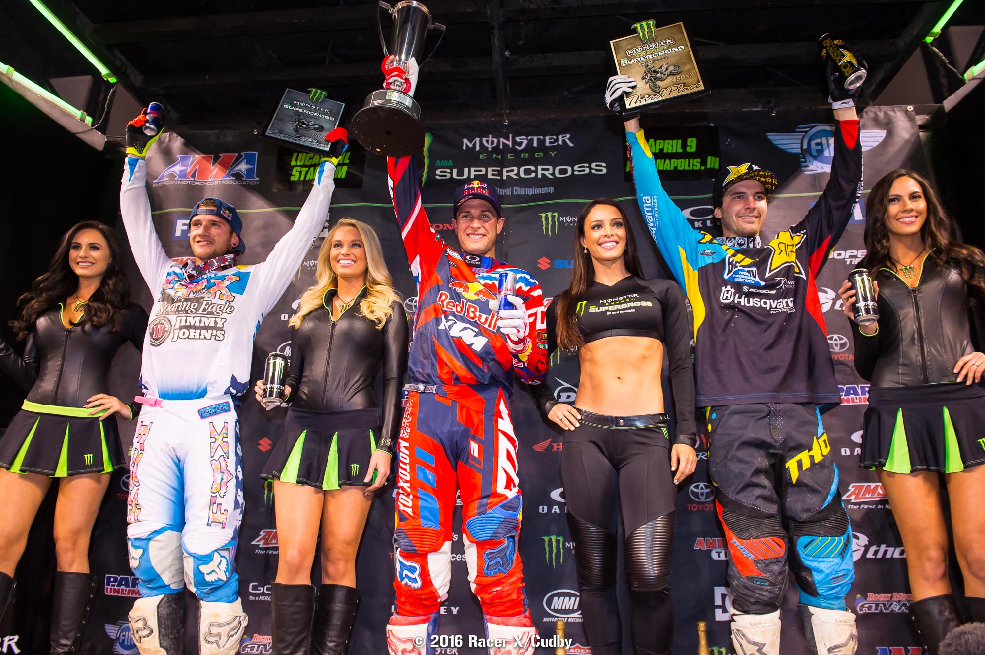 From left: Roczen (2nd), Dungey (1st) and Anderson (3rd) were the 450 podium.