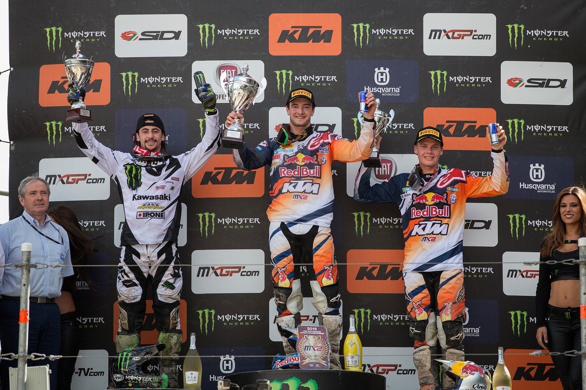 Herlings (center) lost his unbeaten moto streak, but still claimed the overall.