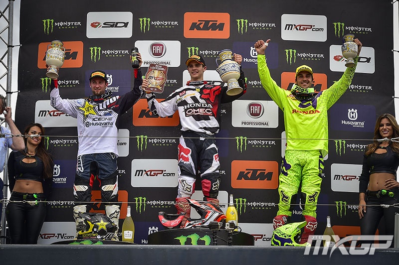 Tim Gajser (center) took another MXGP win over Max Nagl (left) and Gautier Paulin.