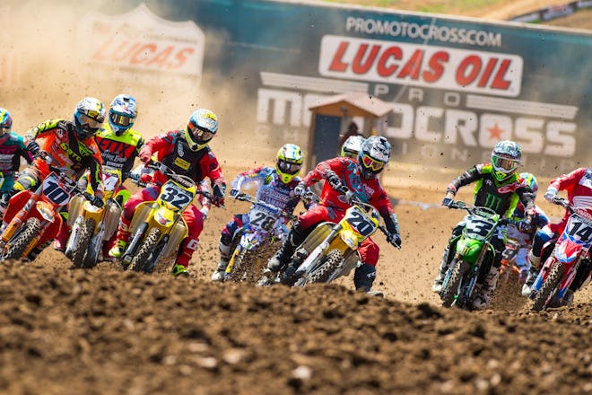 Rare holeshot for Broc Tickle (20) who rode very well to end up third overall with 6-3 finishes.