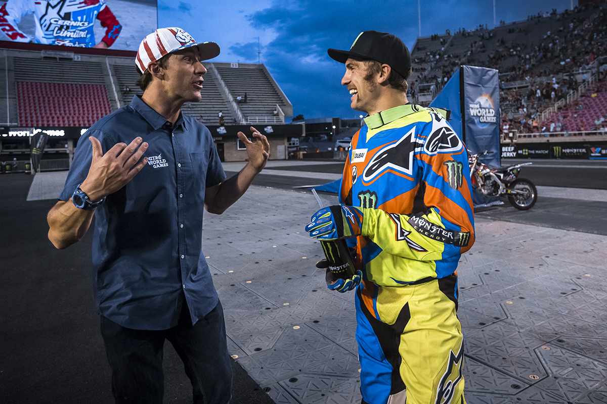 Josh Sheehan chats with Travis Pastrana after the event.
