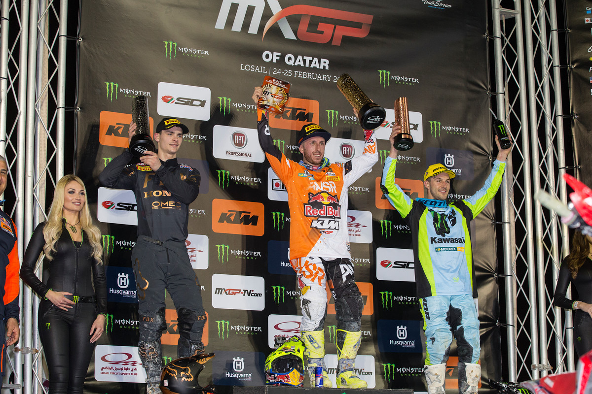 Gajser (left), Cairoli (middle), and Desalle rounded out the MXGP podium.