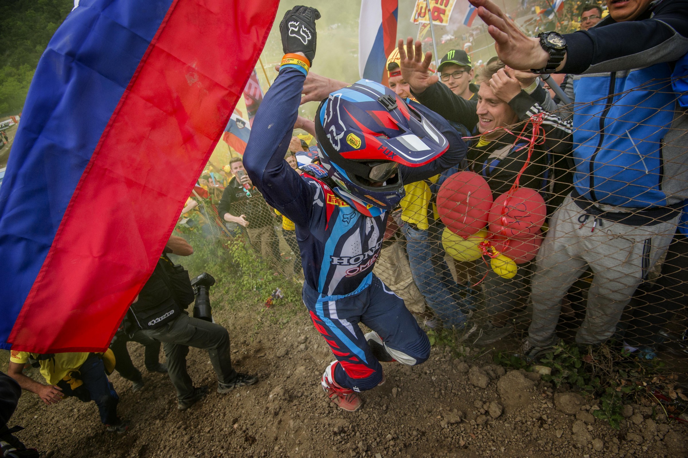 Gajser spends a little time with the fans after his win in the second moto in Trentino.