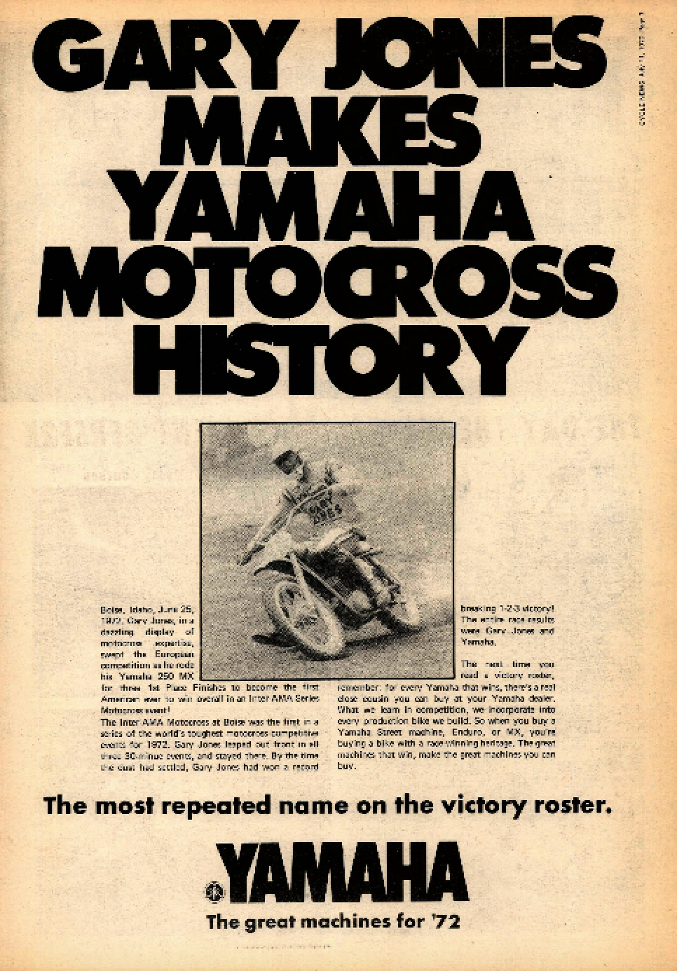 Yamaha boasted about Jones’ triumph with this win ad in Cycle News.