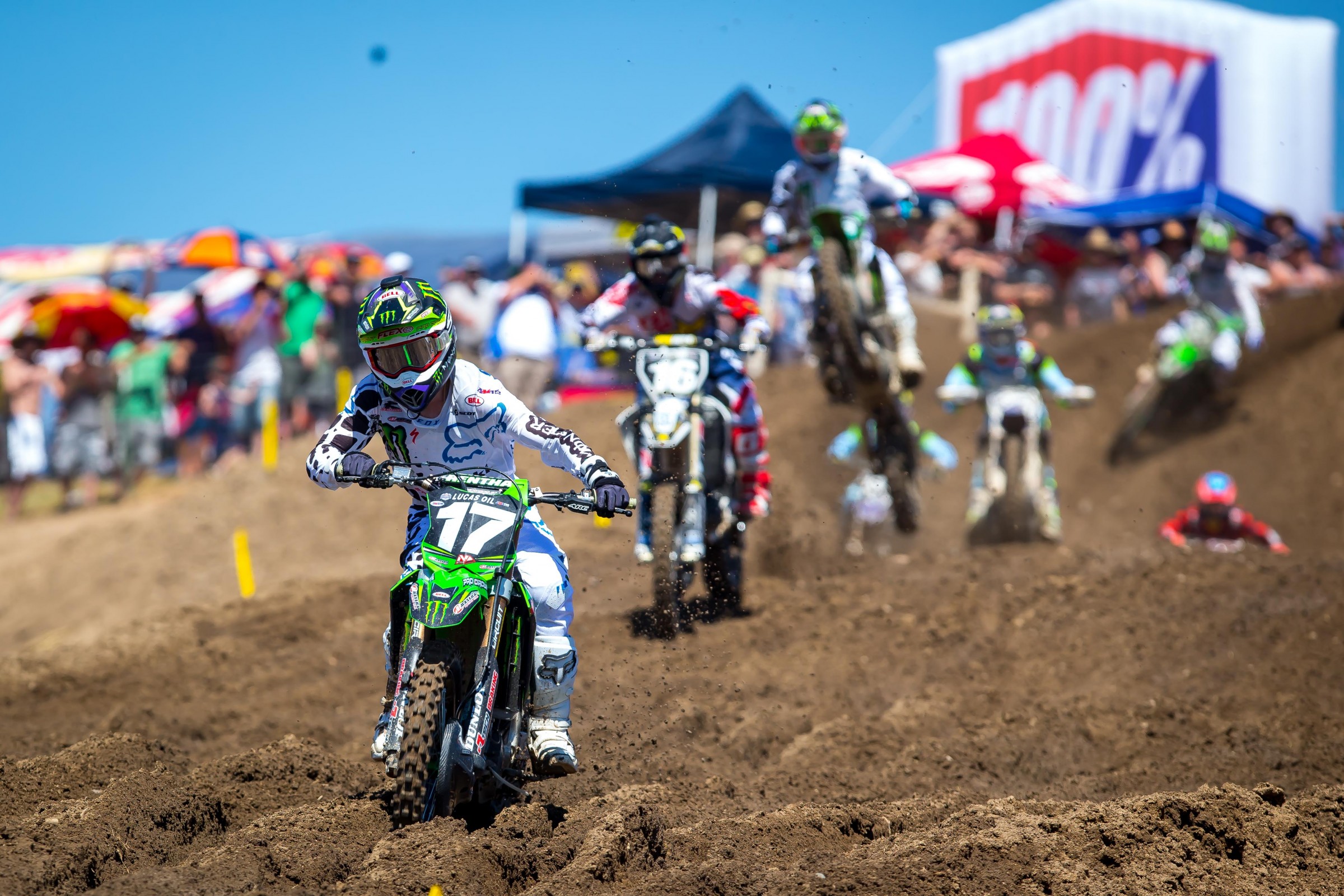 Joey Savatgy initially led the second moto but Zach Osborne took the lead away without incident.