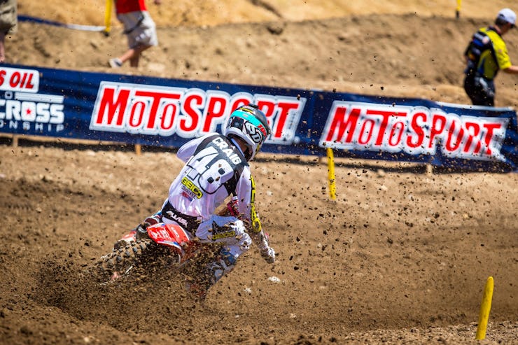 Christian Craig holeshot the first 450 moto but got cross rutted and went down early.