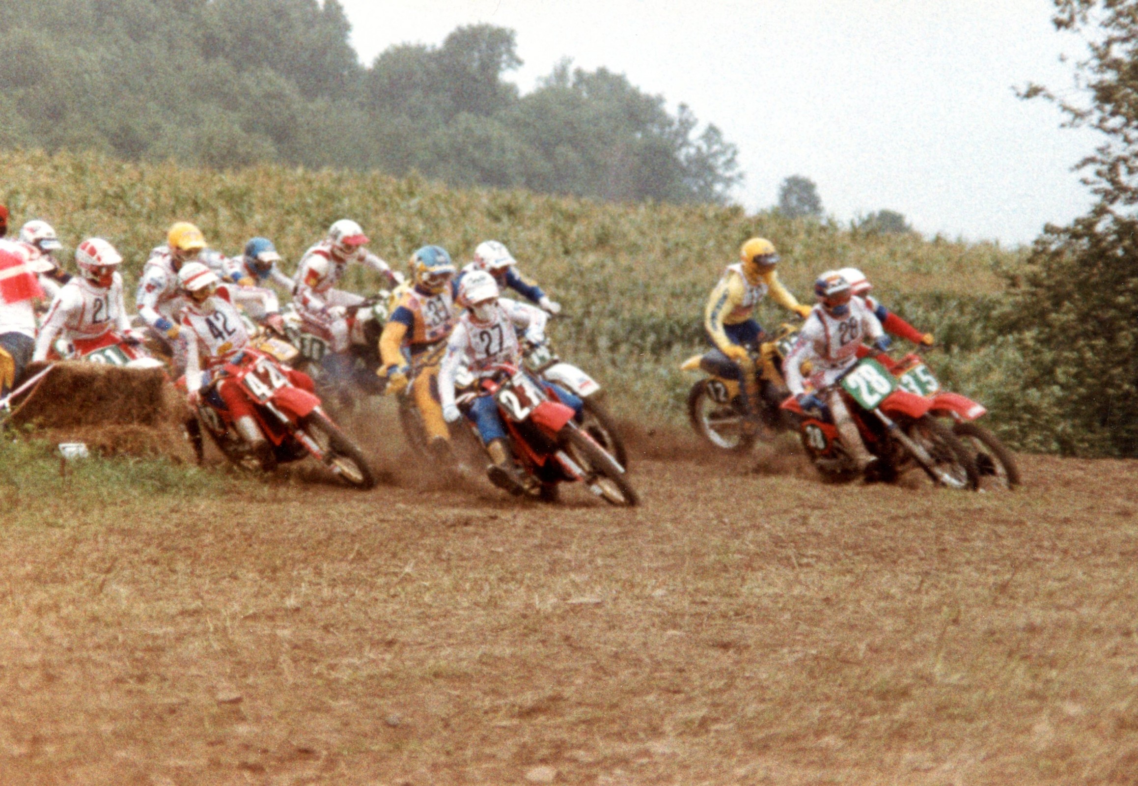 Bailey holeshots the first moto, with Myerscough on the inside.