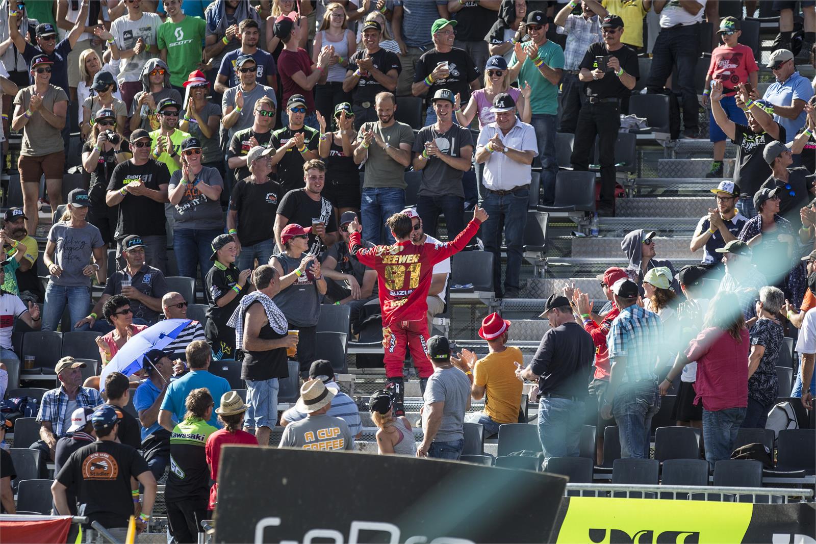 Seewer takes some time to celebrate with his home nation fans.
