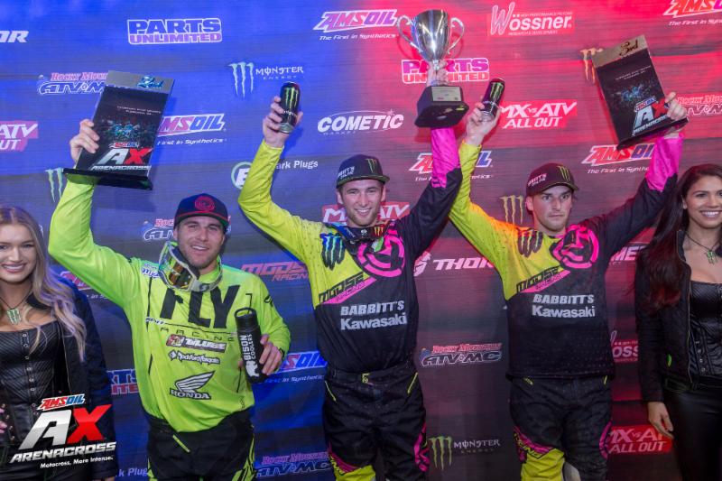 Gavin Faith (center) stands on top of the Amsoil Arenacross podium after a perfect night in Florence. Chris Blose (left) and Jacob Hayes rounded out the top three.