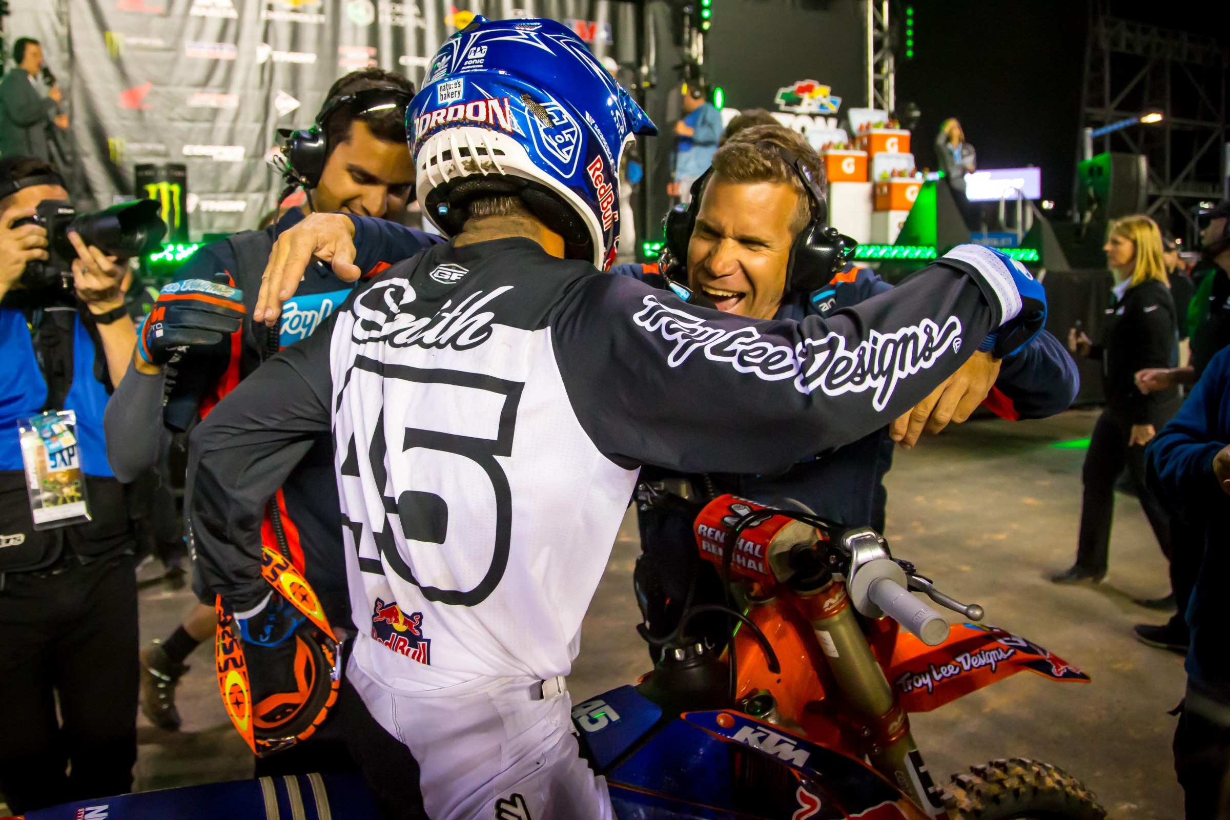 TLD/Red Bull KTM's Crew Chief Wayne Lumgair congratulates Smith on his win