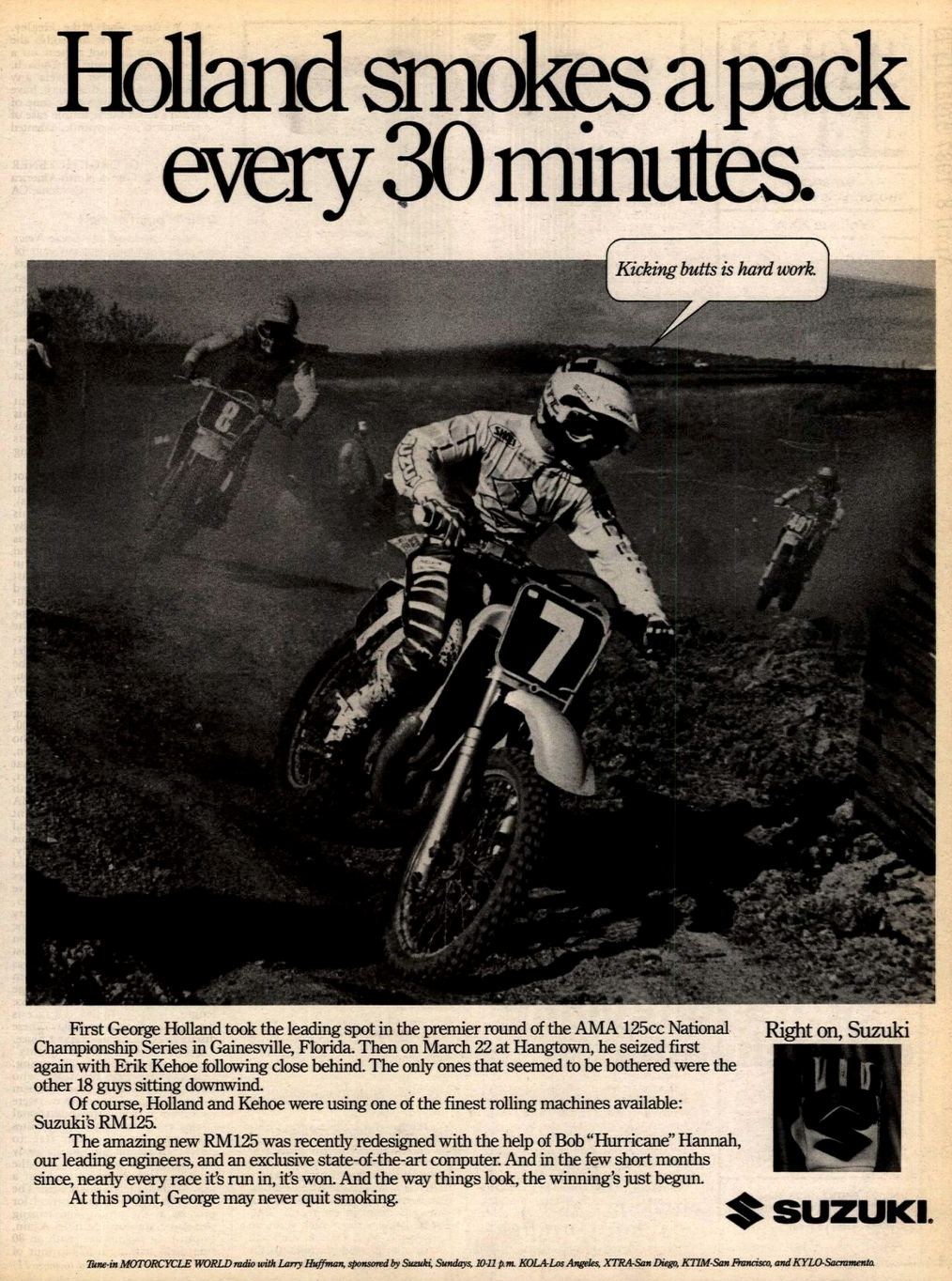 Suzuki's win ad for George Holland is probably not something they could get away with today!
