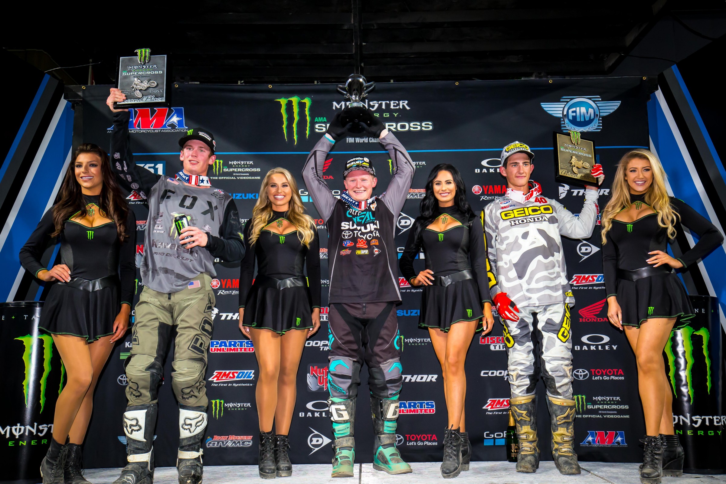 Hill (center) took his first win of the season at San Diego right before the 250SX West Region break.