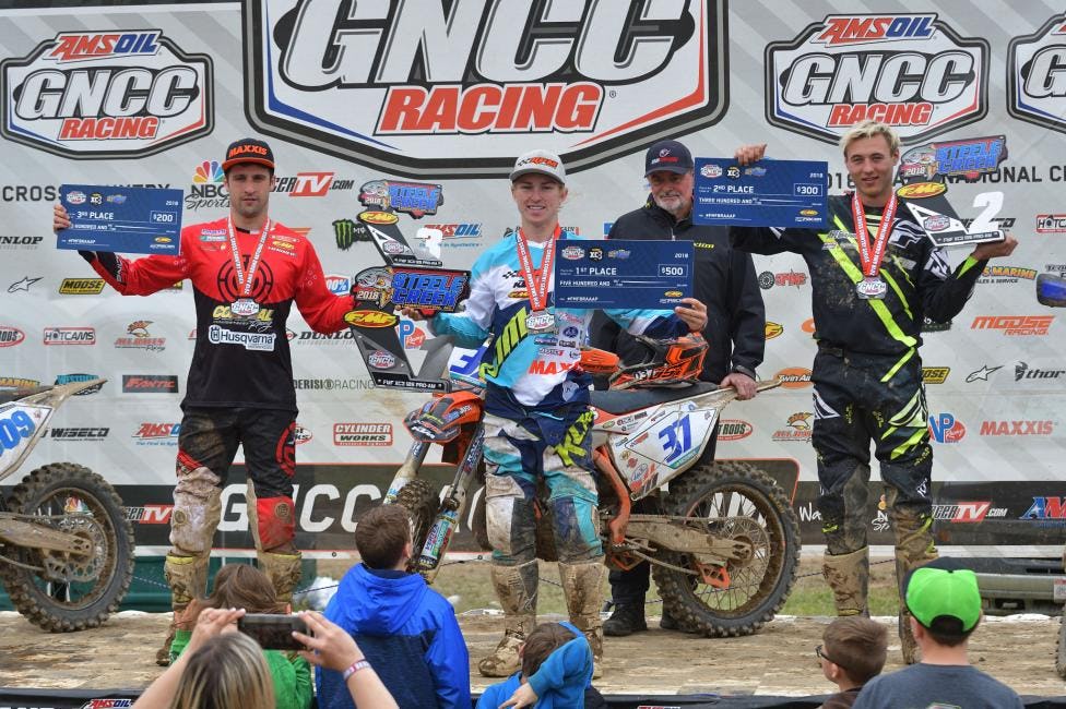Jesse Ansley (center) earned the FMF XC3 125 Pro-Am class win, followed by Christopher Venditti (right) and Alex Teagarden.