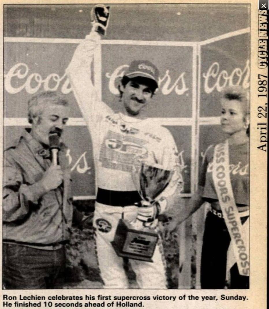 Ron Lechien celebrates the Sunday win at Pontiac '87.... And that mustache!