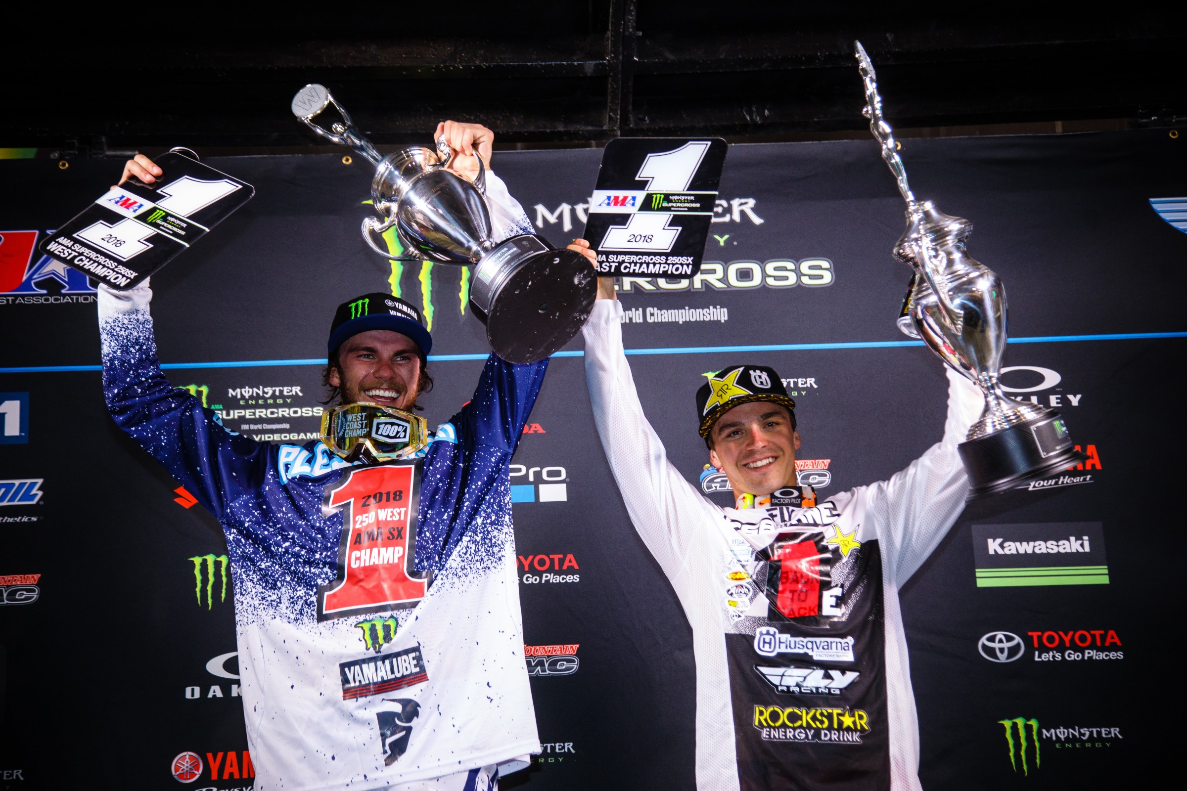 Aaron Plessinger (left) and Zach Osborne won the 250SX West and 250SX East Monster Energy AMA Supercross Championships, respectively, over the weekend.
