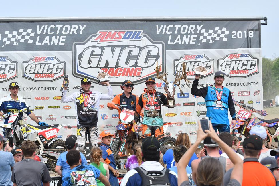 Kailub Russell (center), Thad Duvall (left), and Grant Baylor (right) rounded out the X-Factor Whitetails GNCC podium.