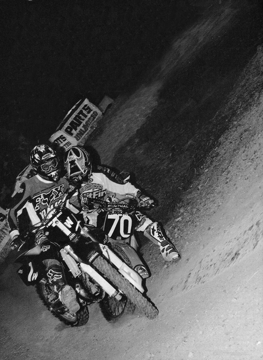 In the 125 Shootout, Ricky Carmichael collides with Kevin Windham. Windham went on to take the win; Carmichael placed 18th.