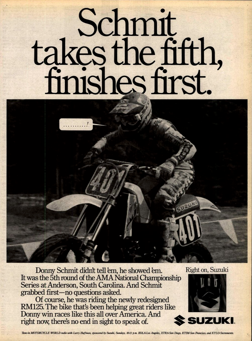 Donny Schmit's win ad for his first AMA National win in South Carolina.