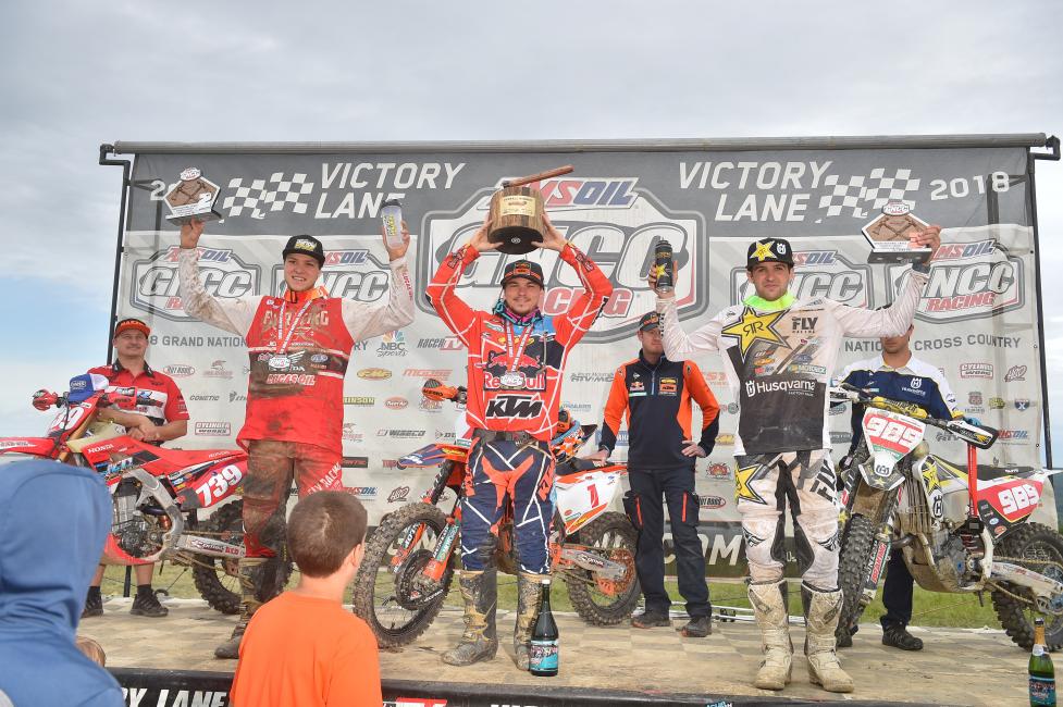 Kailub Russell (center), Trevor Bollinger (left), and Thad Duvall (right) rounded out the overall podium at the Dunlop Tomahawk GNCC.