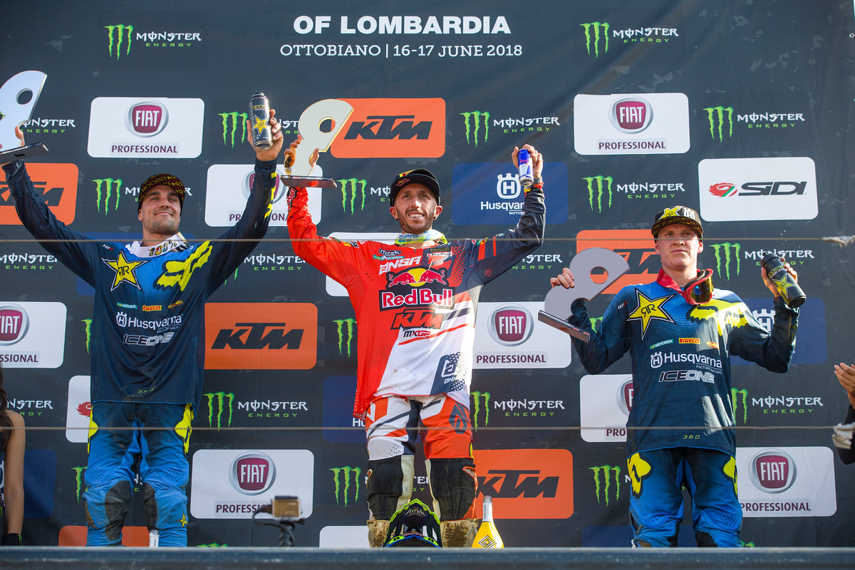 With teammate Herlings out due to injury, Cairoli (center) took his first win since March.