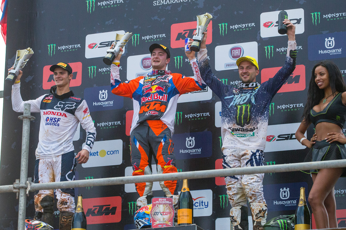 Herlings (center) took his 77th GP win last weekend at Semarang.