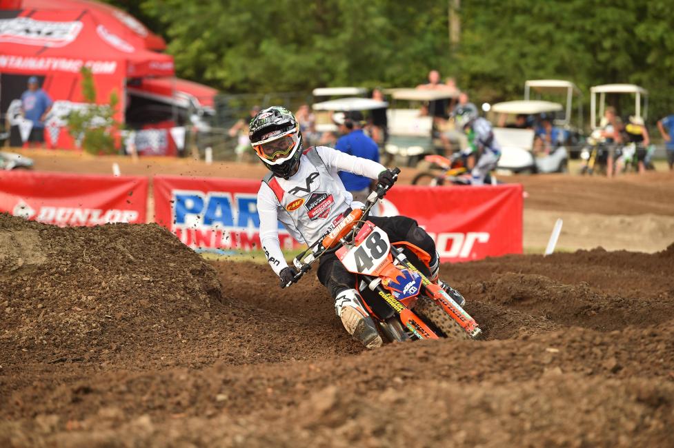 Nate Thrasher won the last moto of the day, Supermini 2 (13-16), after tripling into the back section of the track.