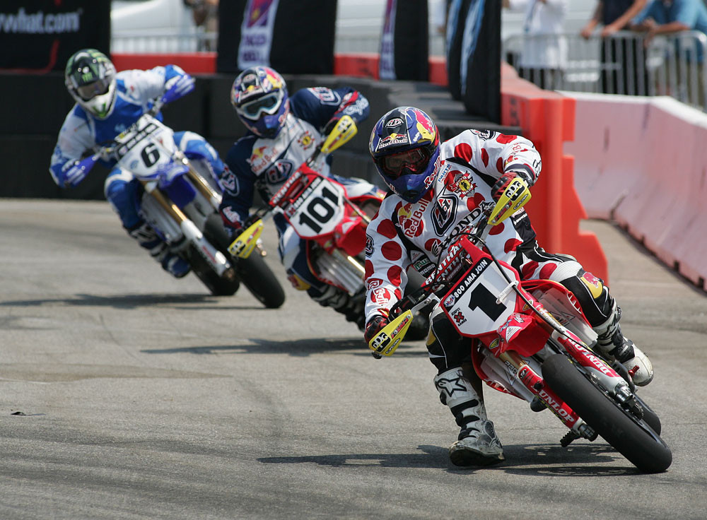 Jeff showing me the fast way around in the 2013 X Games Supermoto final.