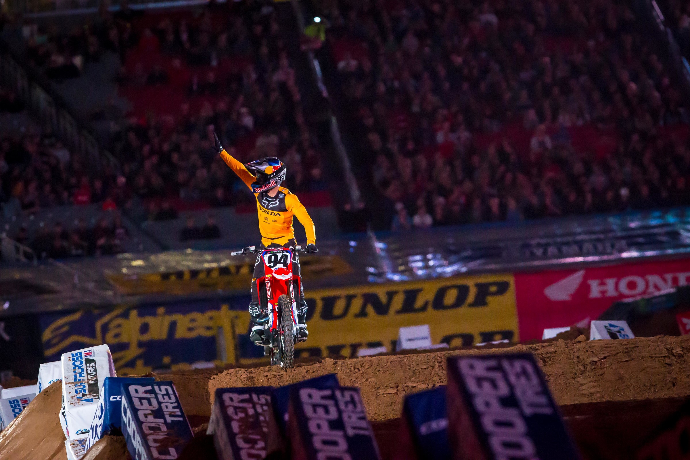 Ken Roczen salutes the crowd during opening ceremonies.