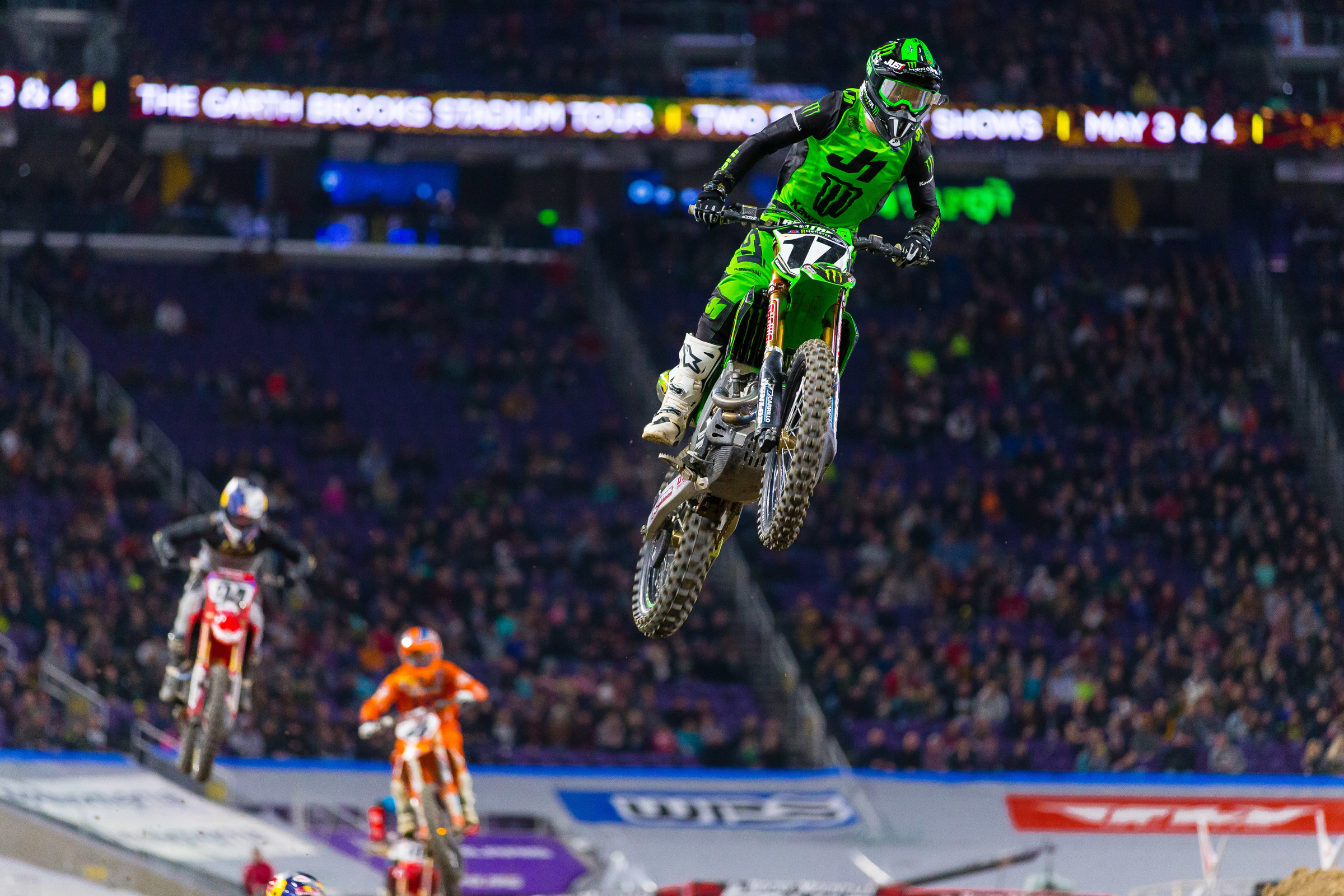 Joey Savatgy had the fastest 450SX qualifying time and carried that speed into the main event, where he led 14 laps. Savatgy made several mistakes and finished the night in fourth place.