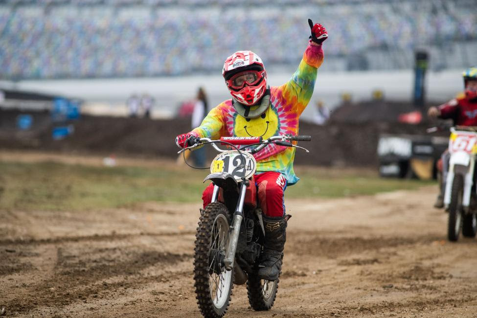 Carl Mabrey celebrates fourth place in the Vintage 125 class.