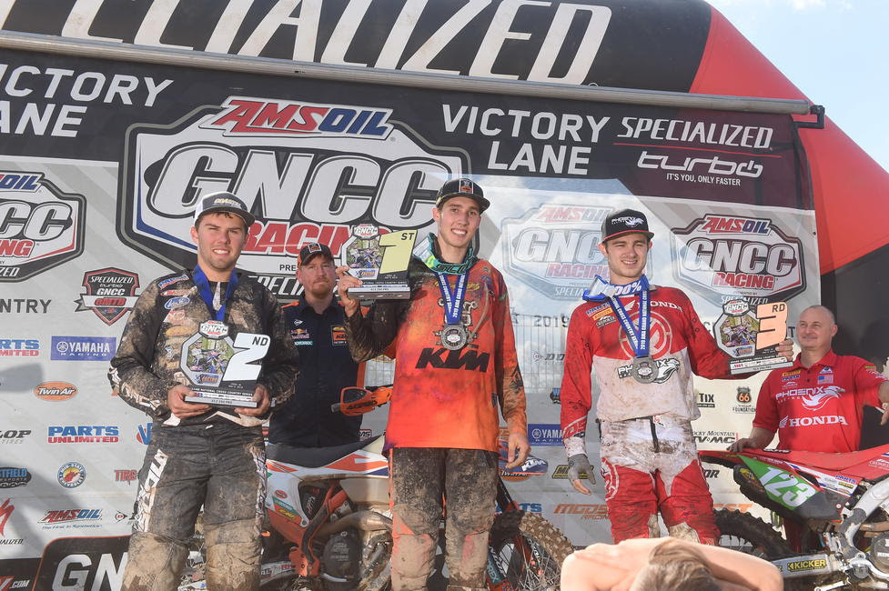 Ben Kelley (center), Craig Delong (left), and Austin Lee (right) earned the top three spots in the XC2 250 Pro class.