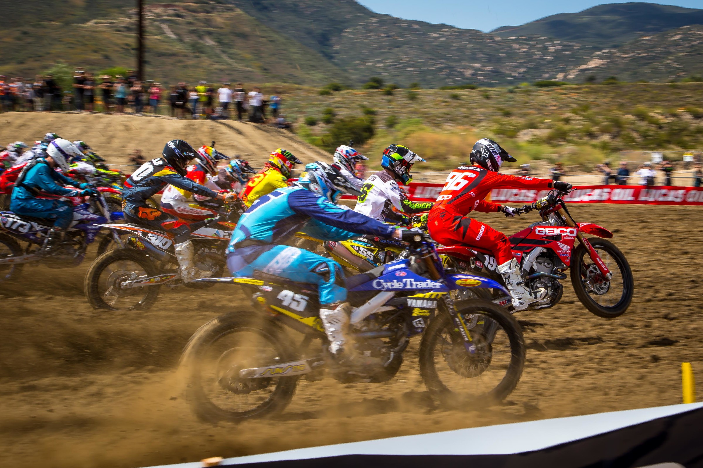 The start of the second 250 moto was chaotic after a rider jumped early, causing confusion on the gate.