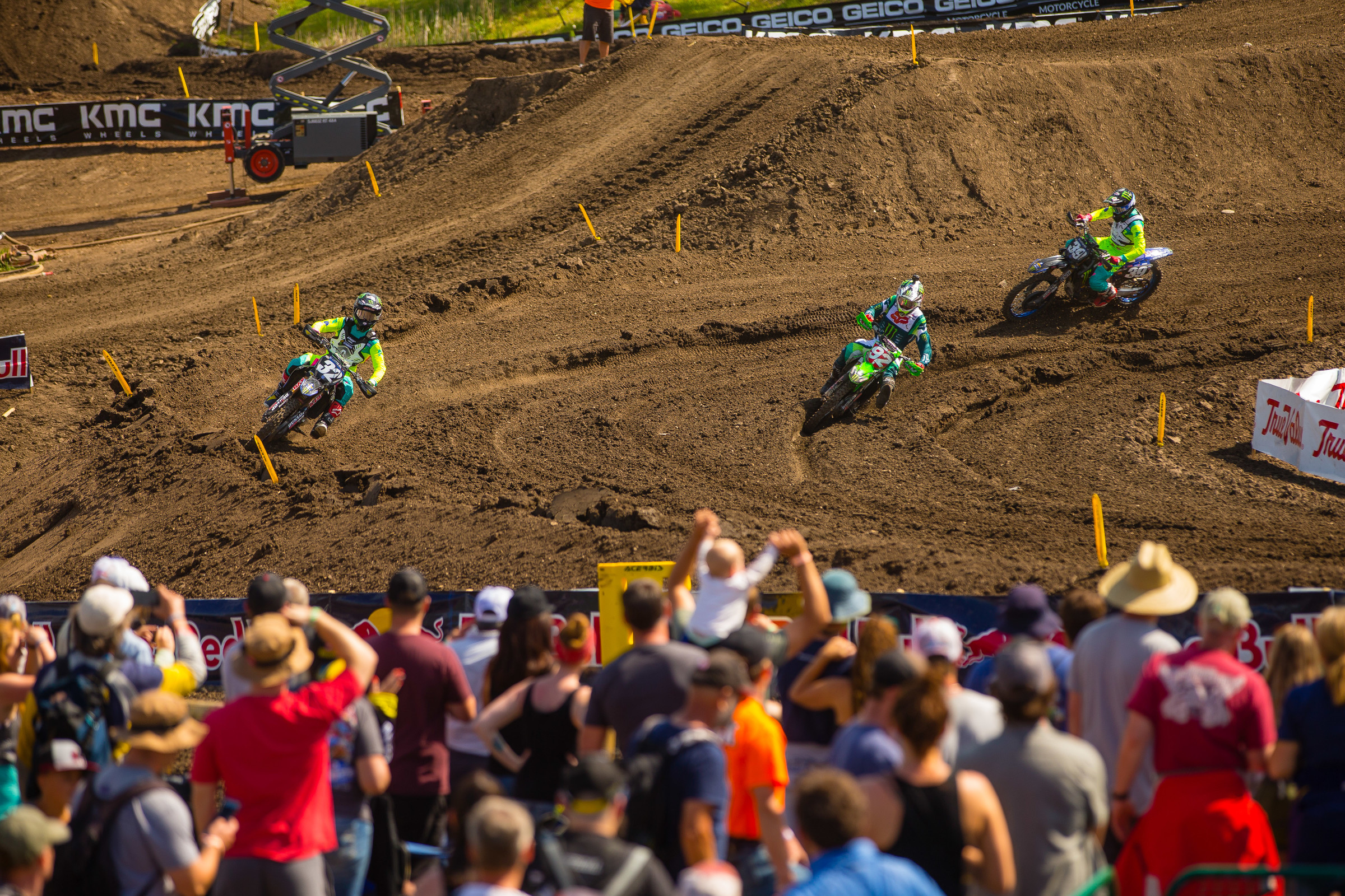 Cooper, Cianciarulo, and Nichols close behind during the second 250 Class moto at the Thunder Valley National.