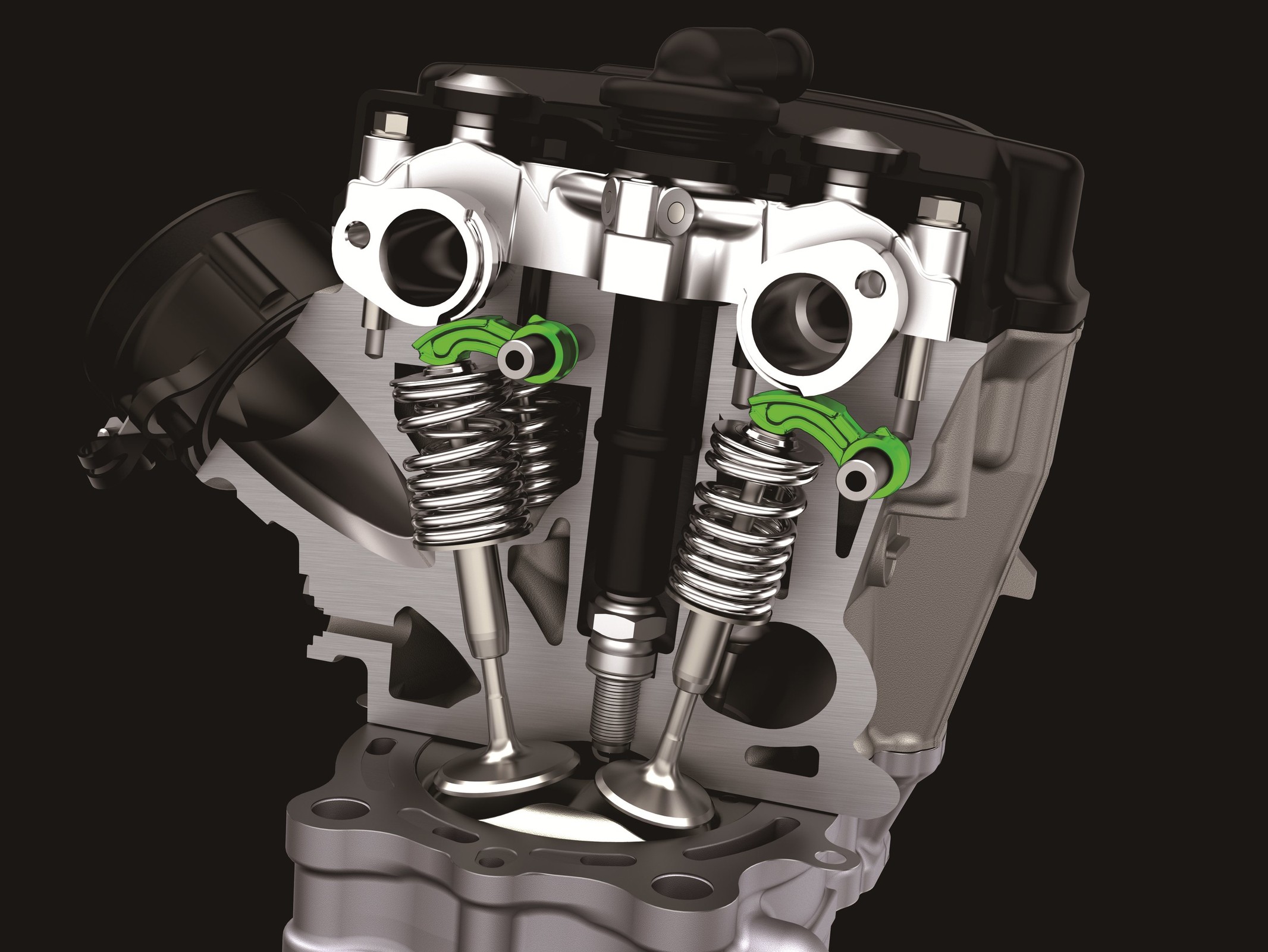 Green highlights the new valve-train, also unlocked via a bigger bore (and shorter stroke) which allows for larger valves.