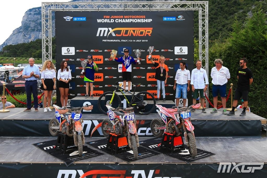 The 65cc podium at the FIM Junior World Cup from Italy last weekend, with runner-up Ky Woods on the left, winner Viteslav Marek in the middle, and third-place Lotte Van Drunen.