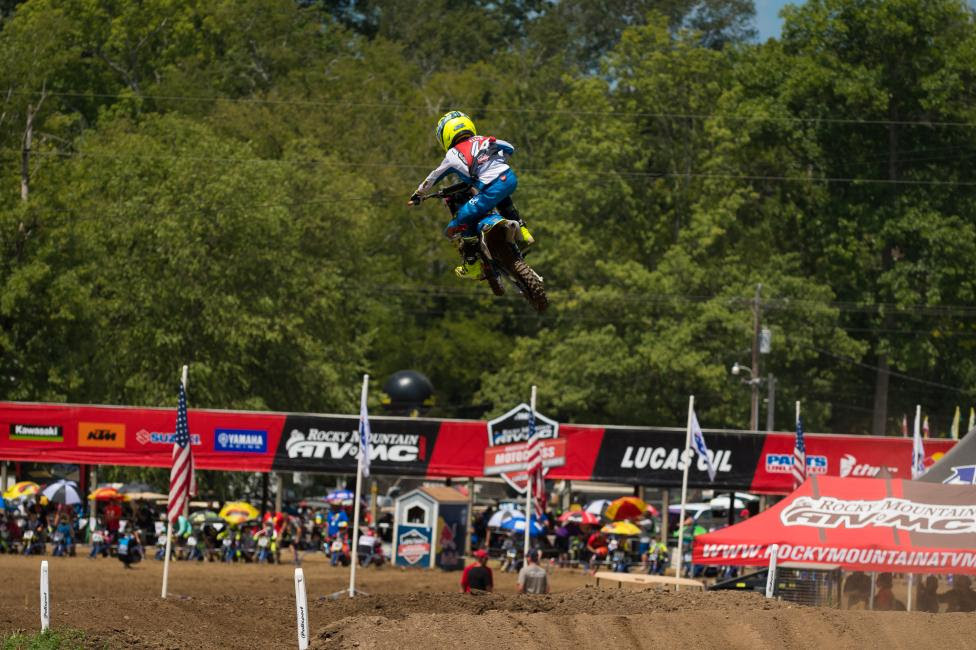 Ryder Ellis launched over the jump to grab the moto one win in the 51cc (7-8) Limited class.